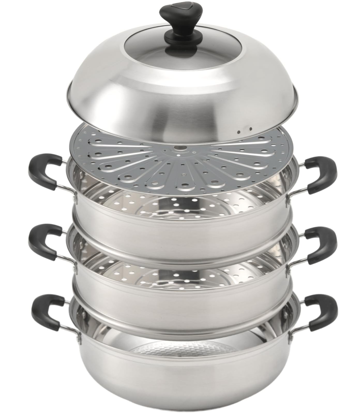 Heist [Improved Model] Stainless Steel Steamer, IH Compatible, 3-Tier Steamer Pot with Glass Lid, Stainless Steel, Gas Stove Compatible (32cm Pot with