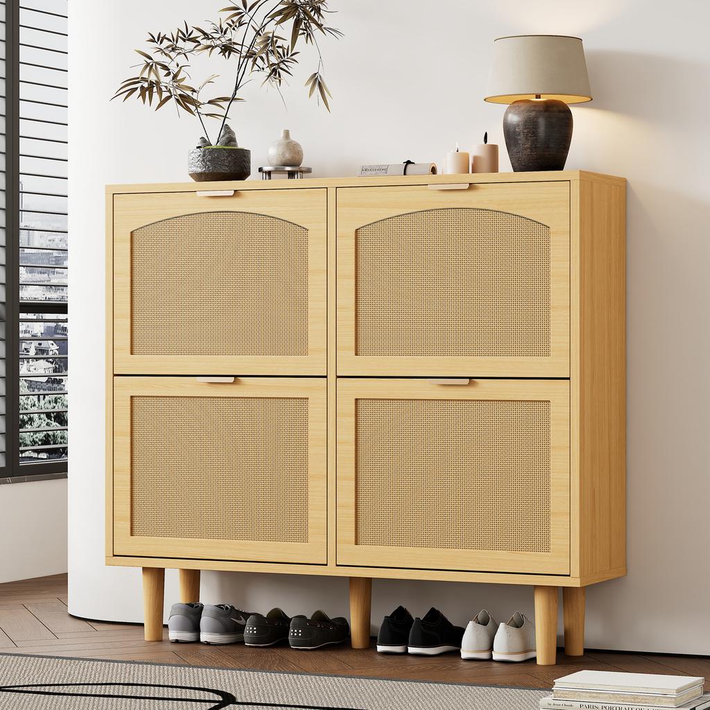 Schuhschrank mit 4 Klappschubladen, Rattan mit Metallgriffen, für Flur, Schlafzimmer, Wohnung, Landhausstil, Maße: 100 x 25 x 90 cm