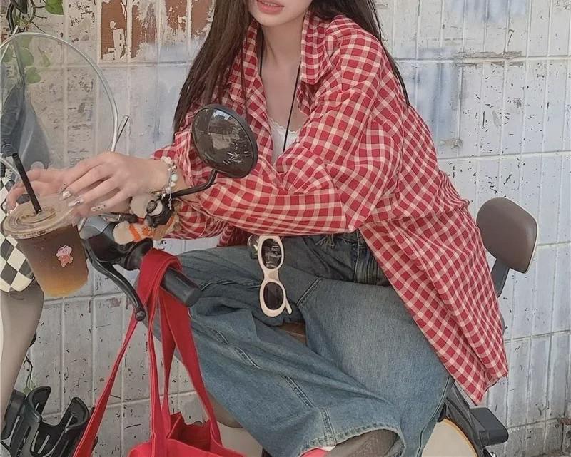 Damen Retro Rot Kariert Langarm Polokragen Hemd - Frühling Nischendesign, Lockere Slim Strickjacke