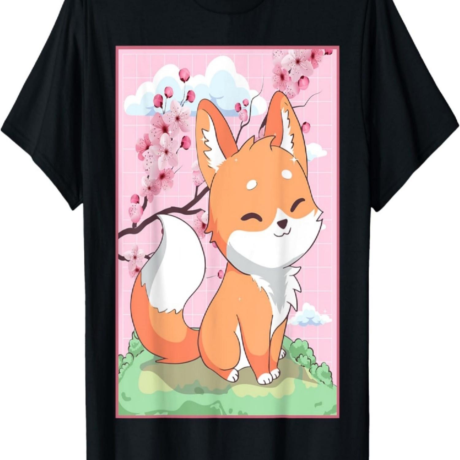 Милая лиса Кицунэ Сакура Цветок вишни Футболка S чёрный