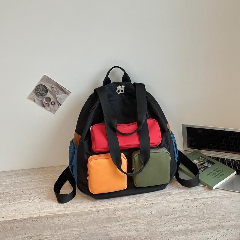 Color Contrast Backpack Women's Large Capacity Commuter Handbag Multi-Functional Plaid Tote Bag