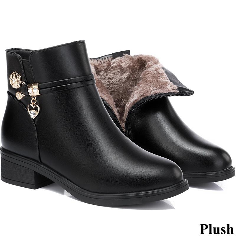 Cotton Shoes Autumn and Winter Plus Velvet Leather Shoes Warm and Lightweight Low-heeled Women's Shoes Soft Leather Soft Bottom Short Boots