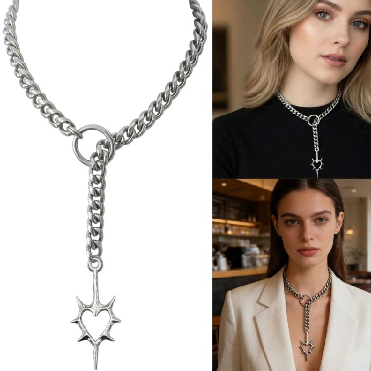 Punk Inspired Openwork Heart With Thorns O Ring Necklace Stainless Steel Adjustable Chain Clavicle Accessories