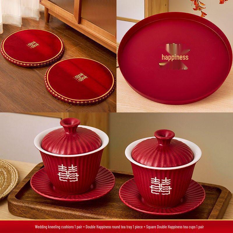 Red Wedding Kneeling Cushions for Tea Ceremony and Bride's Address Change - Complete Cotton Set.