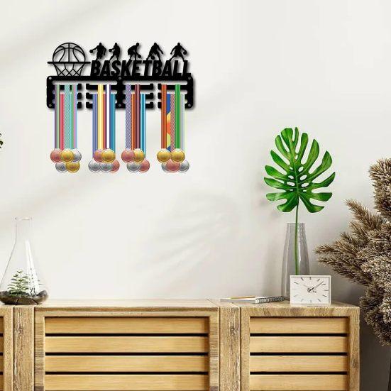 Stevige IJzeren Multifunctionele Haken Metalen Basketbal Medaillehouder, Kapstokrek, Wandmontage Prijs Displayrek Kamerdecoratie, Sport Thema Decoratie 3 Lijnen Ontwerp,