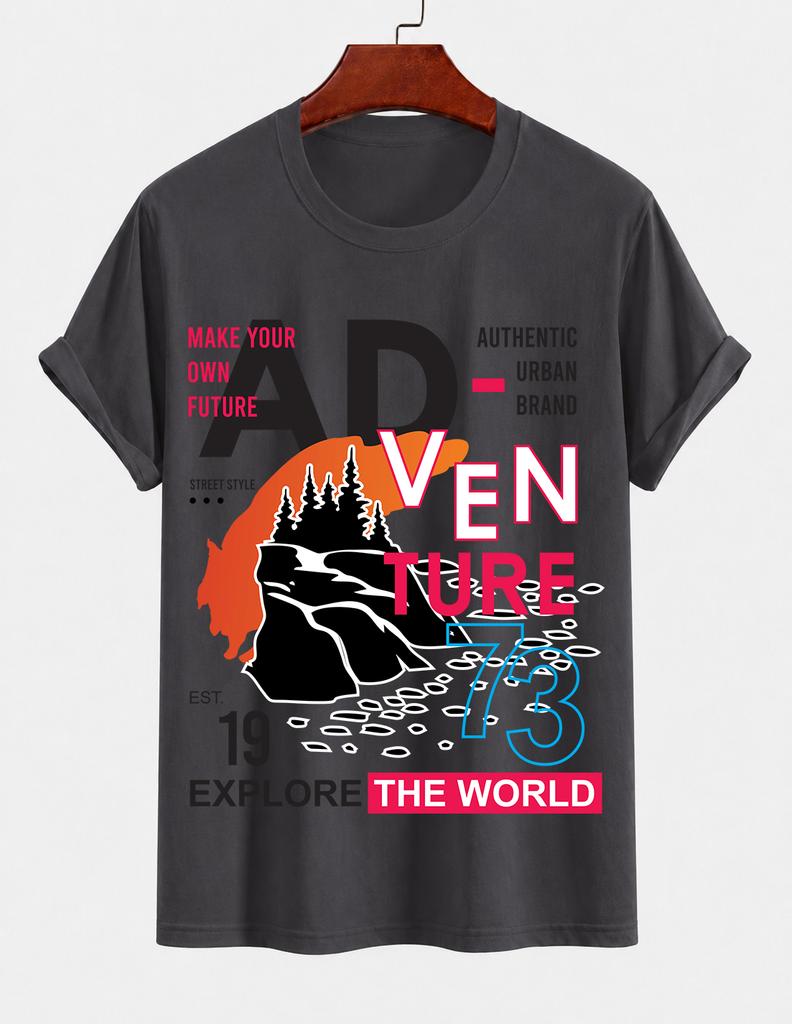 Unisexs Pure Cotton Solid Color Tshirt With Adventure World Exploration Print Crew Neck Short Sleeve Outdoor Street Casual Top