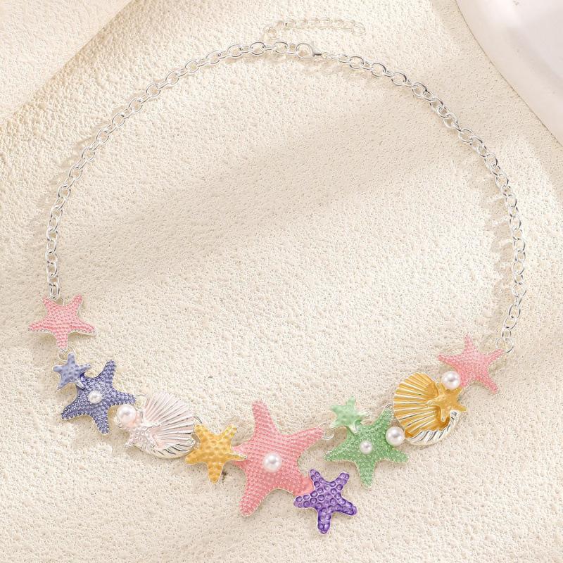 Ocean Necklace Colorful Starfish Seashell Multi Charm Silver Color Jewelry Mermaid Style Summer Beach Vacation Necklace Gift