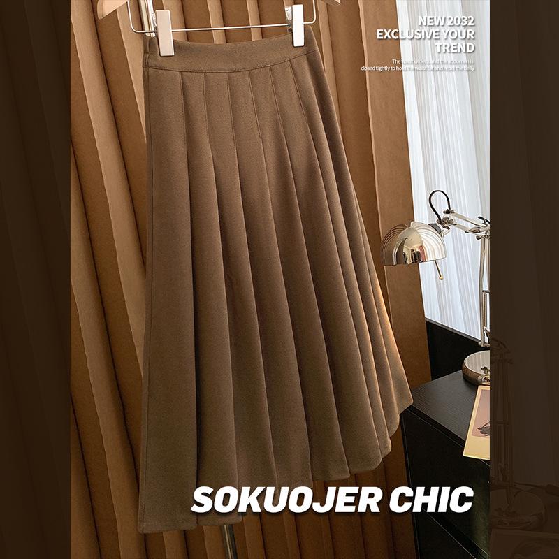 

Женская миди-юбка с высокой талией из смесовой шерсти: Плотный плиссированный, приталенный корейский стиль для осени и зимы M (45-55 kg)