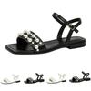 Summer Women's Square Headed Beaded Flat Bottomed Fashionable Straight Strap Buckle Pearl Sandals