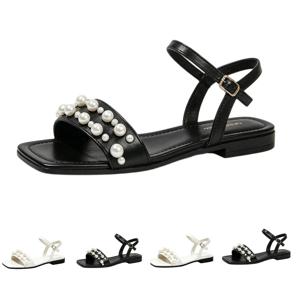 Summer Women's Square Headed Beaded Flat Bottomed Fashionable Straight Strap Buckle Pearl Sandals
