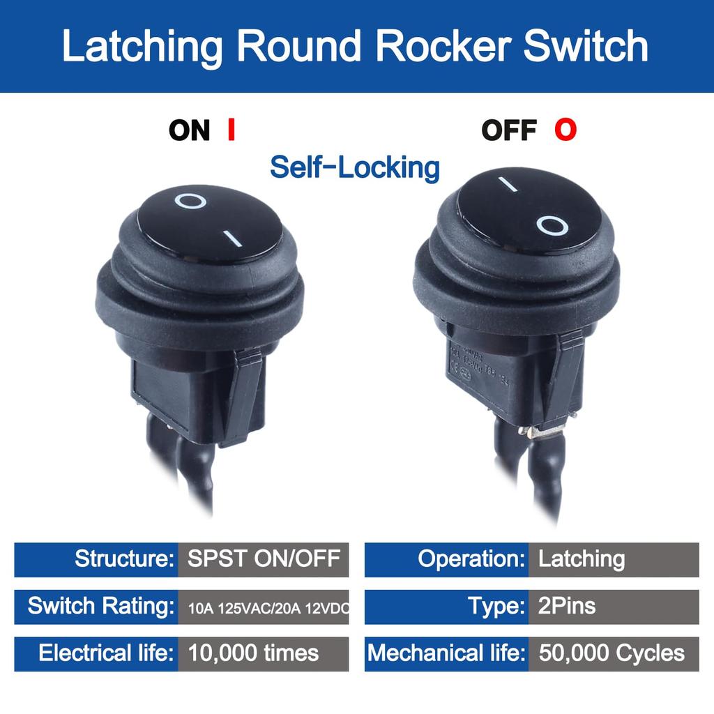 Waterproof 20A ON-Off Round Rocker Toggle Switch 2 Pins 2 Positions 12V 24V 110V 220V with Pre-solderd Cable for Auto Car Marine (5Pcs Black Without