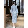 Blue autumn and winter new Chinese style new 1011 particularly beautiful waist cheongsam women's high-end sheep down double-sided printing