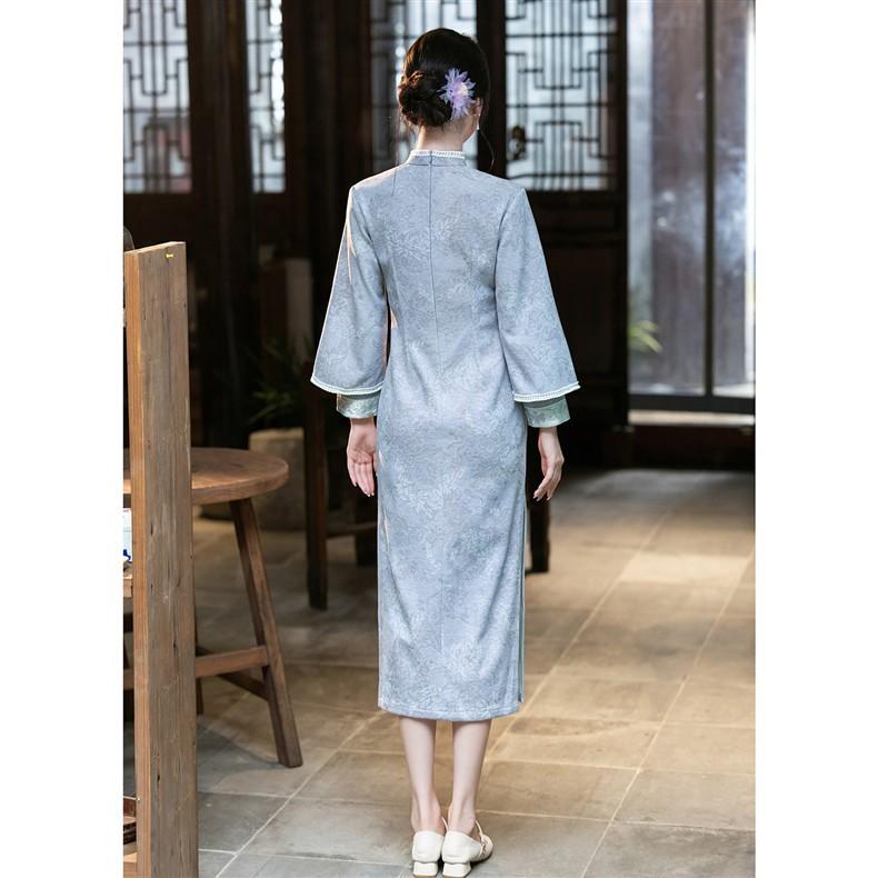 Blue autumn and winter new Chinese style new 1011 particularly beautiful waist cheongsam women's high-end sheep down double-sided printing