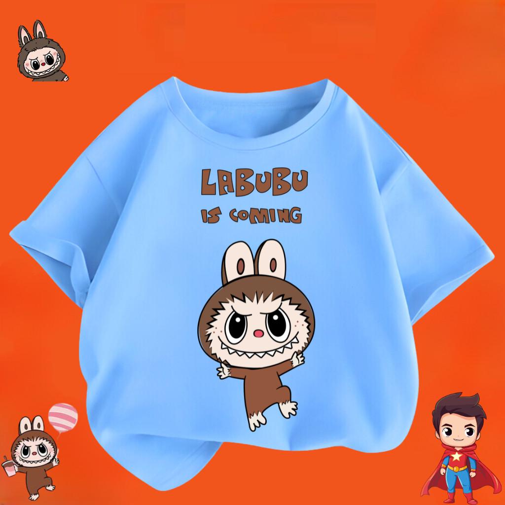 

Детская футболка Labubu с мультяшным принтом, топ с коротким рукавом и круглым вырезом для девочки, новая модная свободная футболка 150