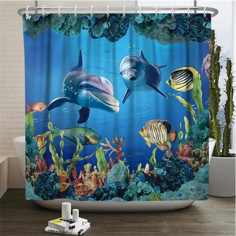 Underwater World Bathroom Shower Curtain Sea Turtle Dolphin Ocean Creature Landscape Bath Curtains Children Cloth Bathroom Decor
