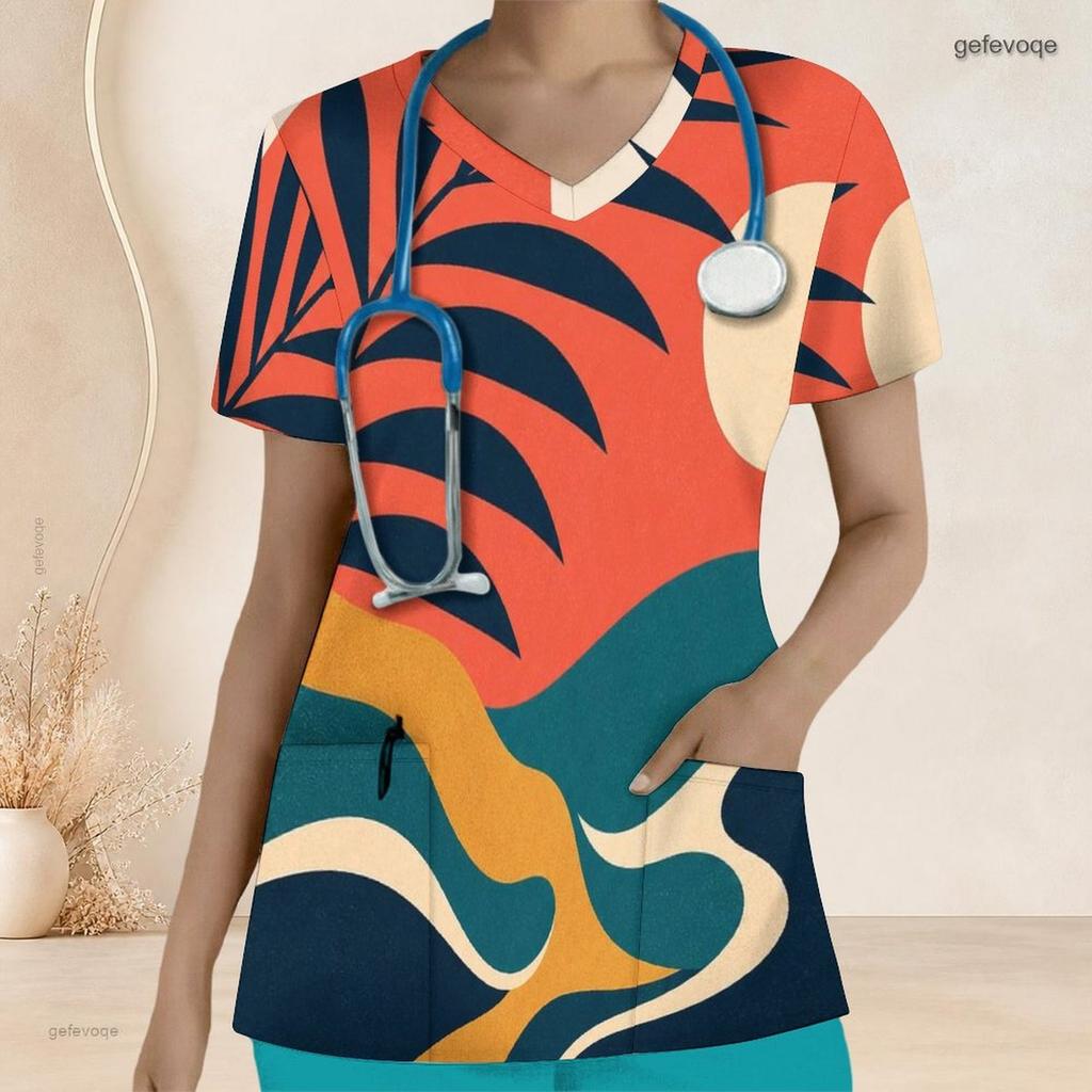 Women Plus Size V Neck Short Sleeve Tropical Print Nurse Scrub Top With Front Pockets