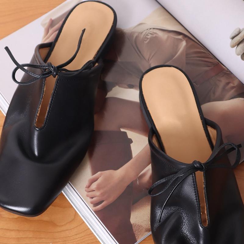 Rindsleder Version Lederschuhe Tasche Kopf Halbschuhe tragen Mode flacher Boden eckiger Kopf Schleife Slipper coole Hausschuhe
