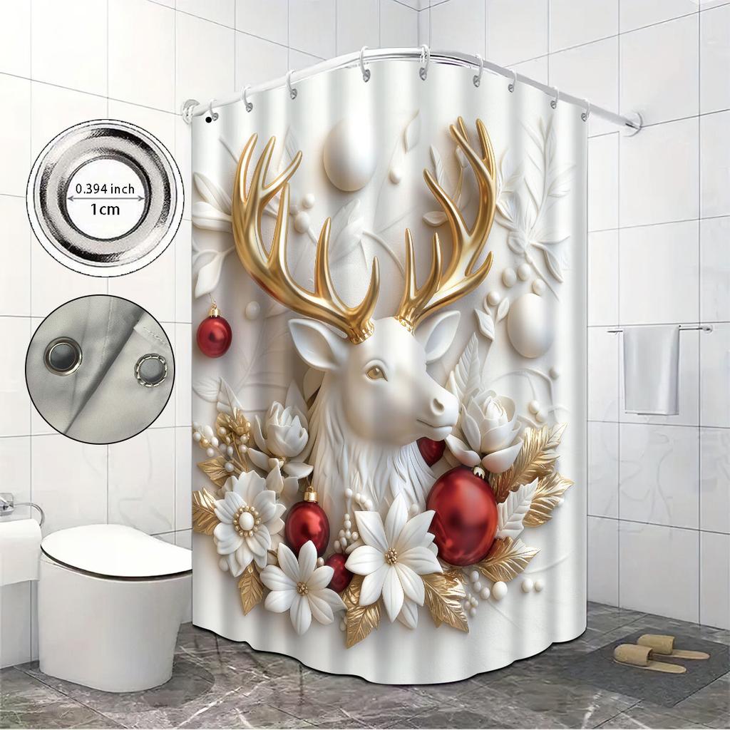 1Pc Imitation Relief Christmas Reindeer Print Waterproof Shower Hanging Curtain With Multiple Sizes 12 Hook Easy Installation