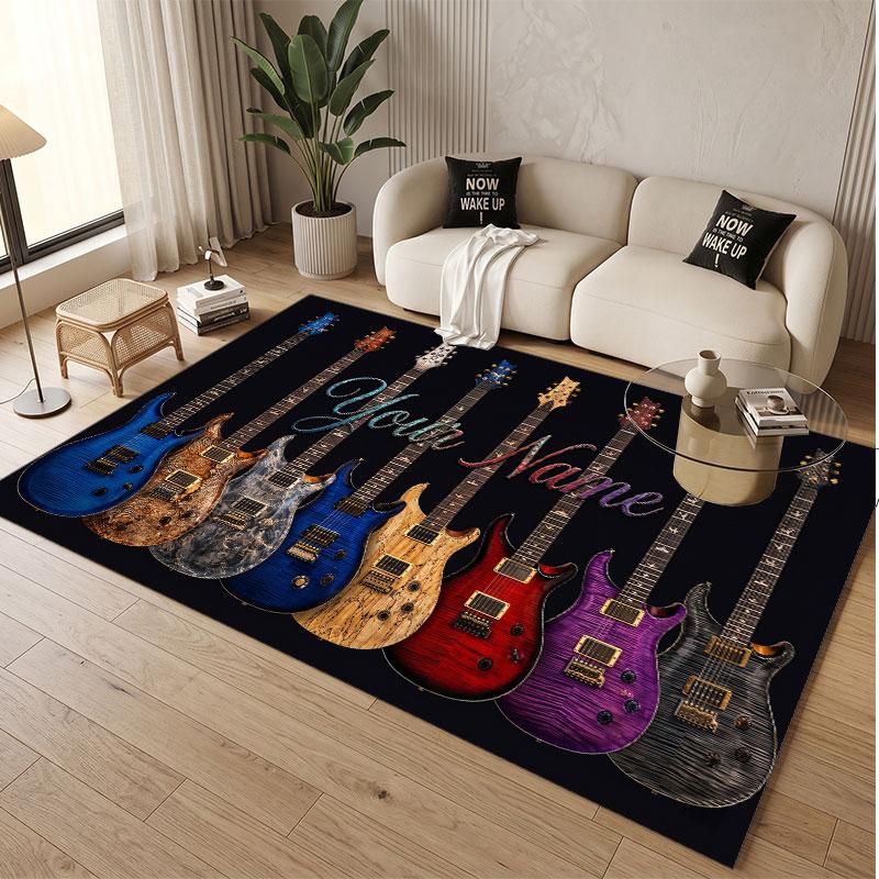 Music Guitar Theme Soft Crystal Velvet Rug Custom Name & Text Print Non Slip Floor Rug for Bedroom Living Room