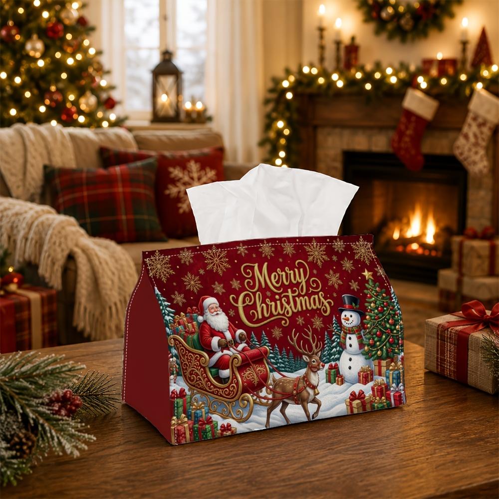 1pc Magic Winter Tissue Box - Multi-functional Napkin Box, Available Made of Durable Polyester, Decorated with Santa Sleigh Reindeer Snowman, Suitable