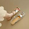 A Line with Open Toe Thick Heel Sandals Summer New Square Head Cross with Pearl Ancient Fish Mouth Heel Shoes