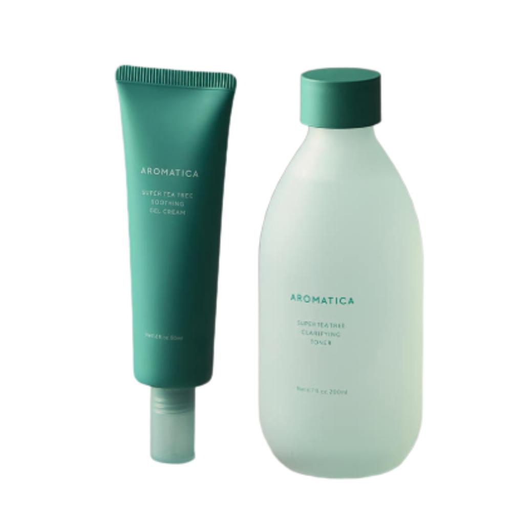 AROMATICA Super Tea Tree Clarifying Toner 200ml & Gel Cream 50ml 2-Piece Set Sebum Control & Acne Soothing Duo