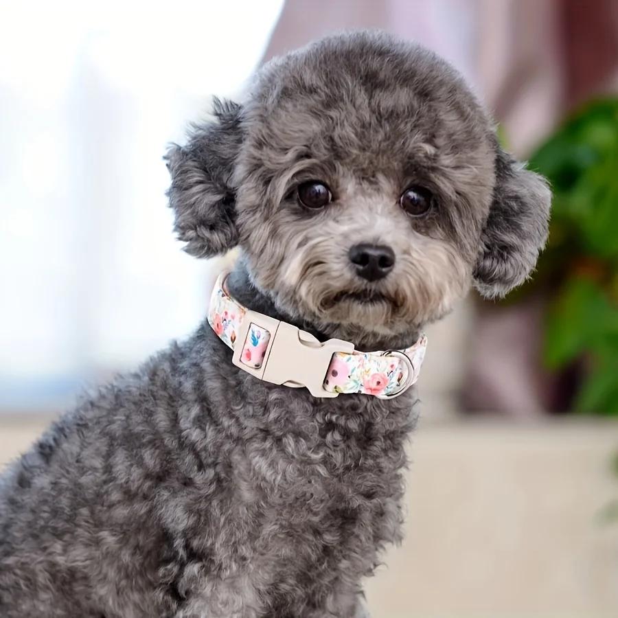 1Pc Adjustable Dog Collar, Fresh White Pink Floral Print, Durable Polyester Material