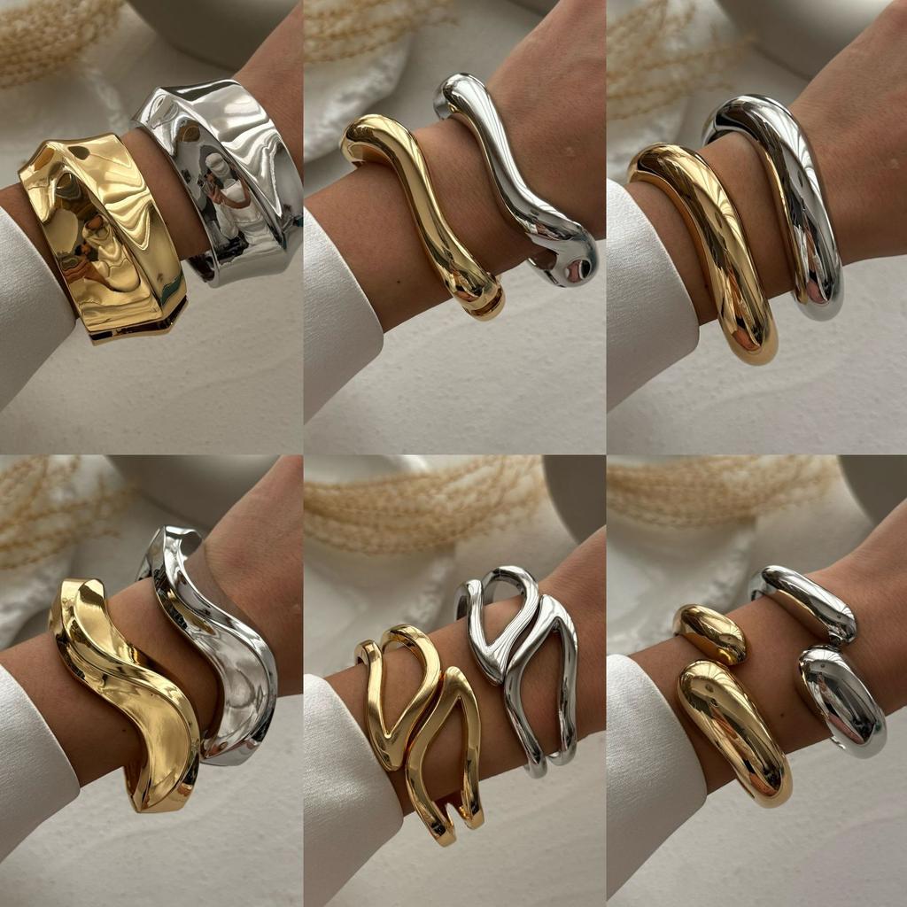 Exaggerated Wide Cuff Bangles Punk Gold Silver Color Geometric Metal Large Bangles for Women Bracelets Men Luxury Jewelry Gift