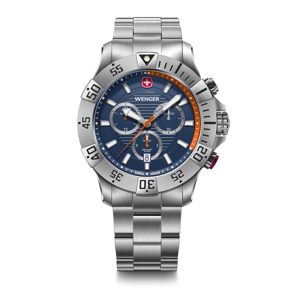 WENGER SEAFORCE CHRONO Quartz Analogue Watch for Men Stainless Steel Case Blue Dial Stainless Steel Bracelet 200m Water Resistant 3 Year Warranty Gift