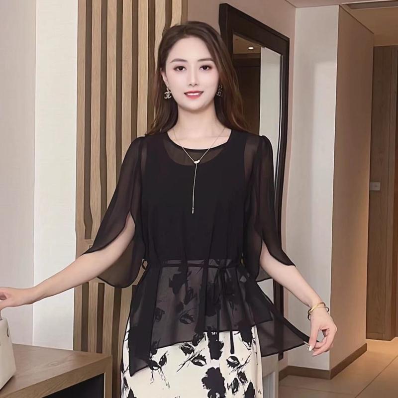 

Women s Black Sheer Loose Half-Sleeve Blouse Drawstring Waist Casual Chiffon Outerwear M
