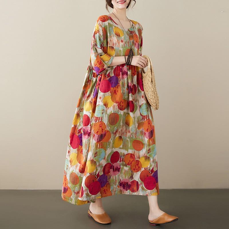 Plus Size Květinové Boho Bavlněné Lněné Cestovní Šaty Volné Velké Vintage Sváteční Dlouhé Šaty
