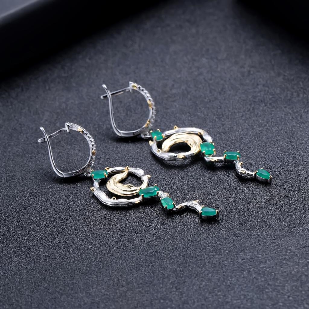 Original Designer Green Agate Earrings, Natural Style S925 Sterling Silver Natural Colored Treasure Earrings