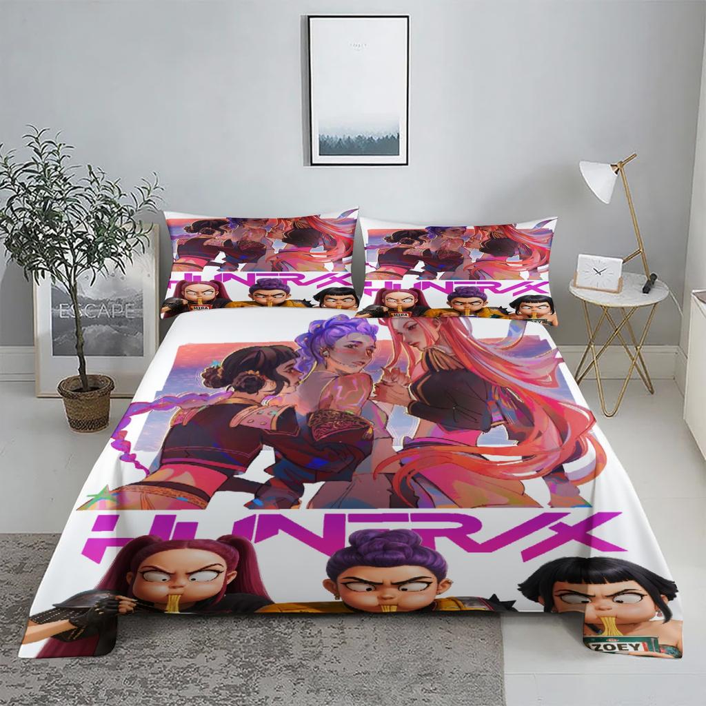 Golden Demon Hunters K-pop Bed Sheet Set 3D Printed Bed Flat Sheet With Pillowcase Bed Linen King Queen Size