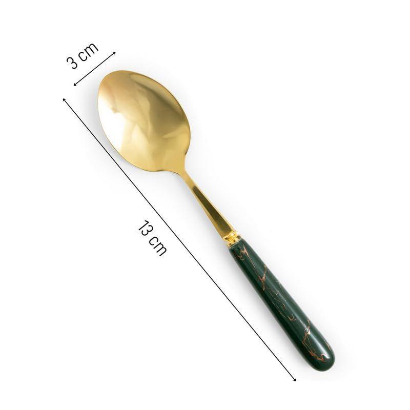 Golden Small Spoons Set with Green Ceramic Glossy Handle for Restaurant Cutlery Dinner Table Oval Shape Serving Spoon