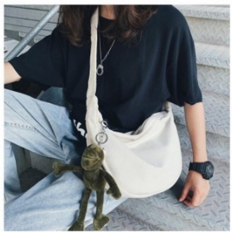 Large Capacity Canvas Crossbody Dumpling Bag for Students - Solid Color, Black & Beige
