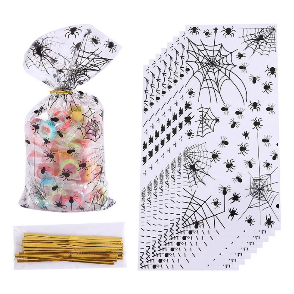50pcs/pack Spider Printed Halloween Cellophane Treat Bag Trick or Treat Cookie Bags  Halloween Decor