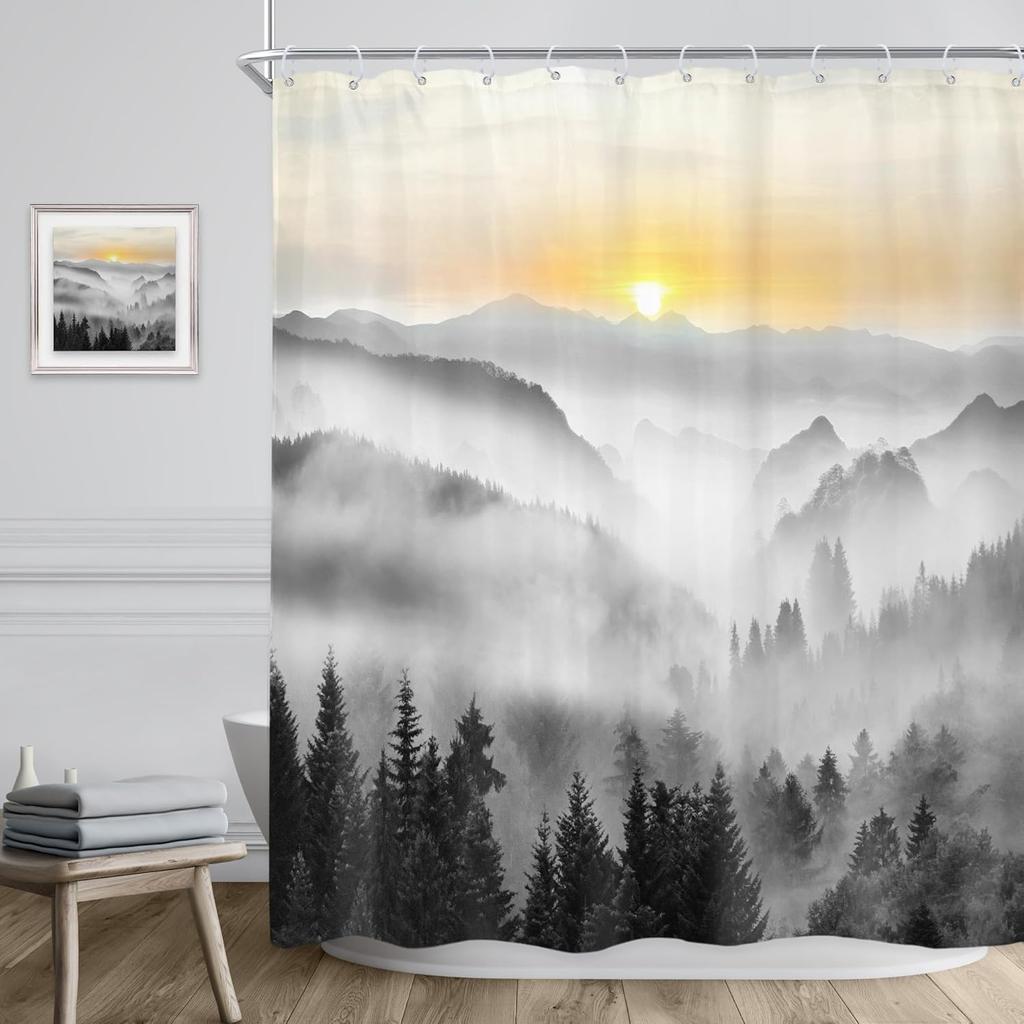 Sunrise Mountain Shower Curtain Foggy Forest Landscape Nature Art Bath Decor Waterproof Fabric Minimalist Design Home 180x200