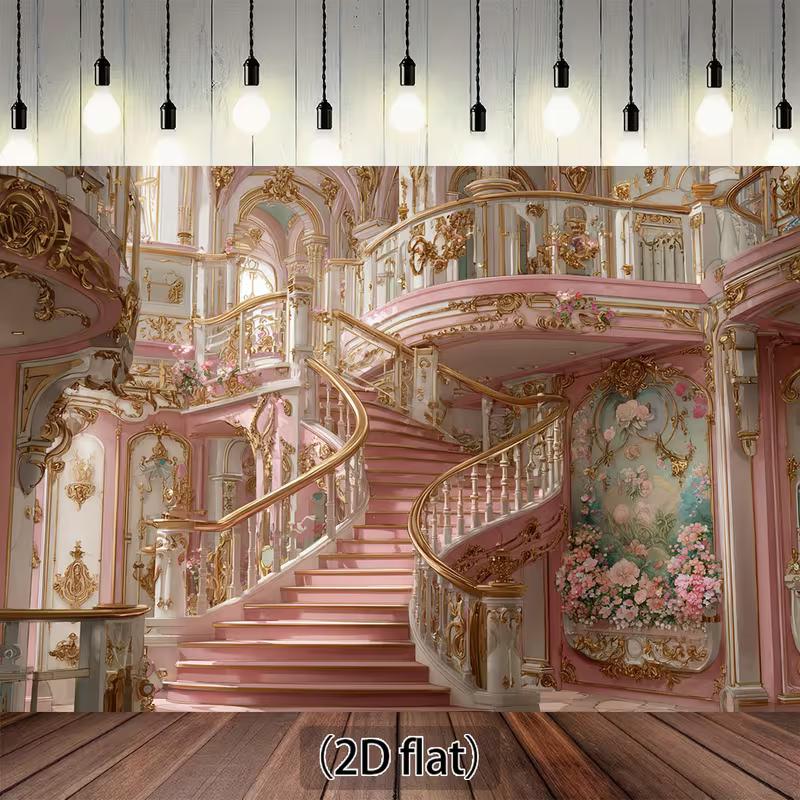 

2D Pink Gold Rococo Palace Backdrop Curved Staircase Floral Wall Photography Background 47.2x31.5inch/120*80cm