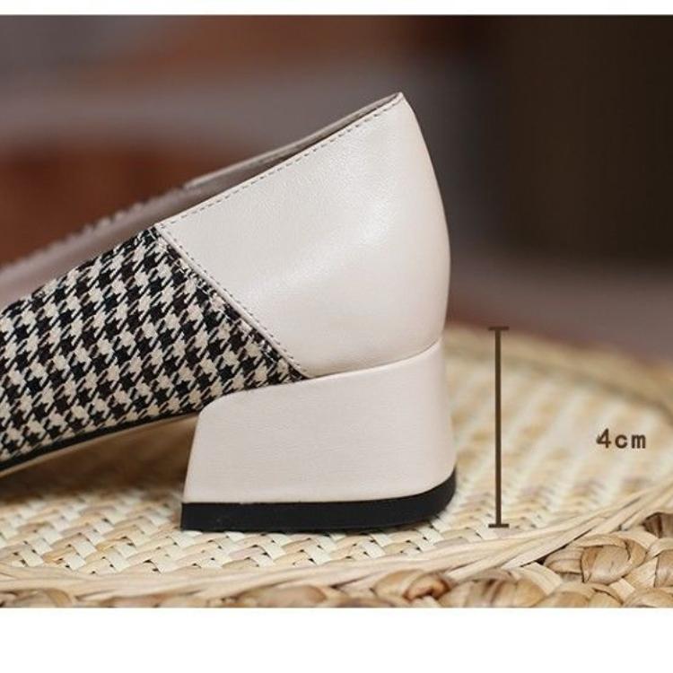 Chidori Plaid Cloth Thick with Square Head Single Shoes Female Metal Buckle Leather Comfortable and Versatile High Heel Women's Shoes Beans Shoes