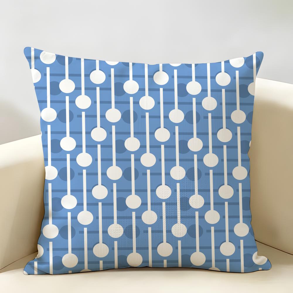 Blue And White Geometric Cushion Cover Durable Hypoallergenic Organic Linen Short Pillow Cover Washable