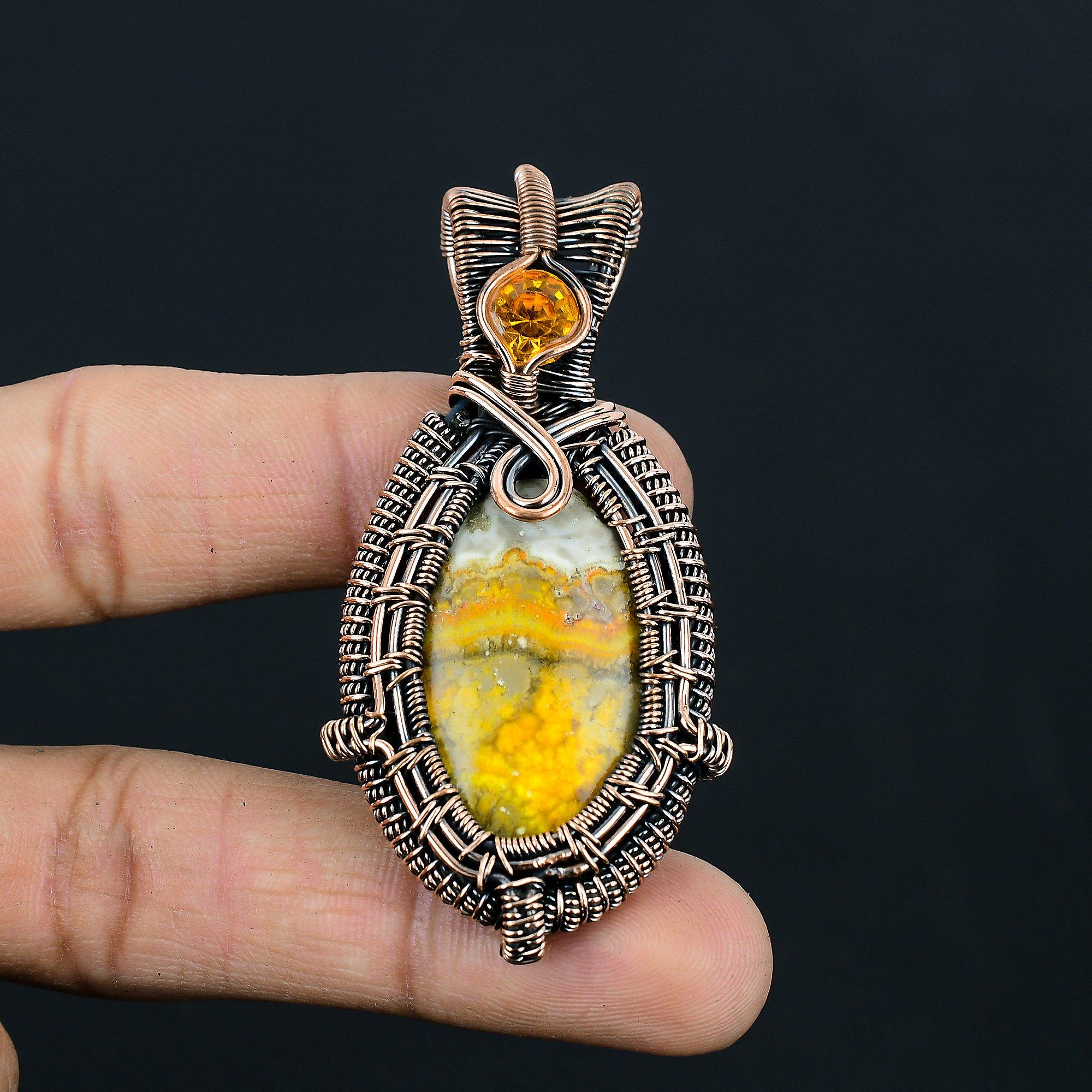 

Ювелирный кулон ручной работы из чистой медной проволоки с яшмой и цитрином 2.56 Inches жёлтый