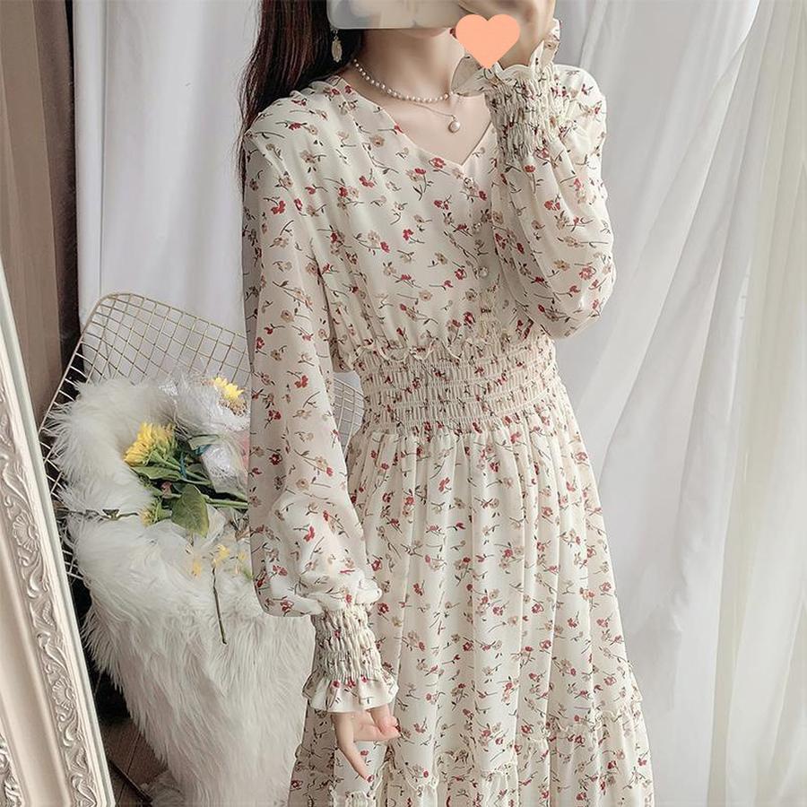 Floral Print Chiffon Dress Long Dress Women Spring New Korean Style Fairy Dress Ruffled Maxi Skirt