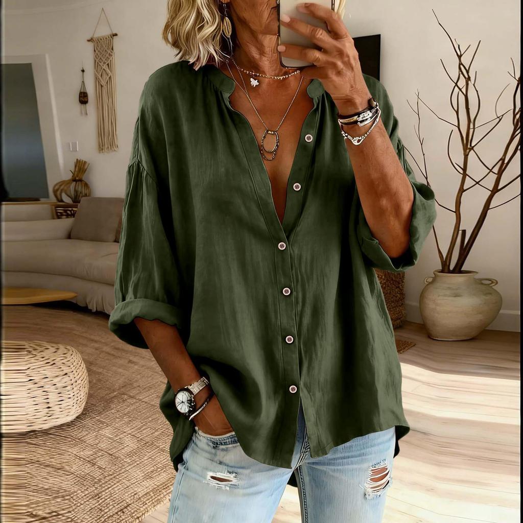 Women’s Fashion Solid Stand Collar Button Up Shirt Casual Loose Fit Top with Three Quarter Sleeves and Relaxed for Everyday Wear