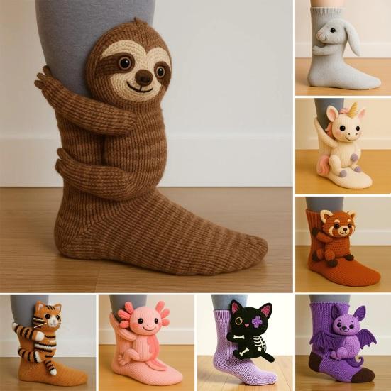 3D Animal Knitted Socks Warm Cute Crew Socks Hand Crocheted Animal Doll Floor Socks Holiday Birthday Gift for Women Girls