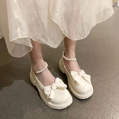 Mary Jane Small Leather Shoes Women's Thick Heel Thick Sole Heightening Japanese Jk Round Head Bow Pearl Chain Loafers