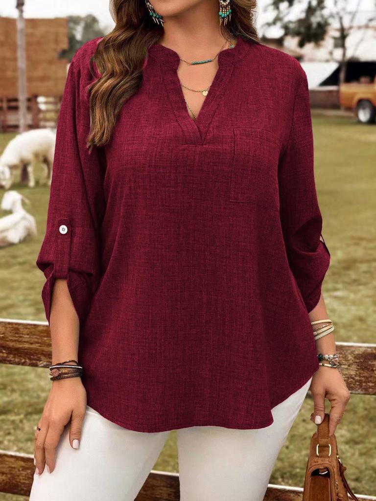 2025 Plus Size Women's V-Neck Button Top - European/American Spring & Autumn Fashion
