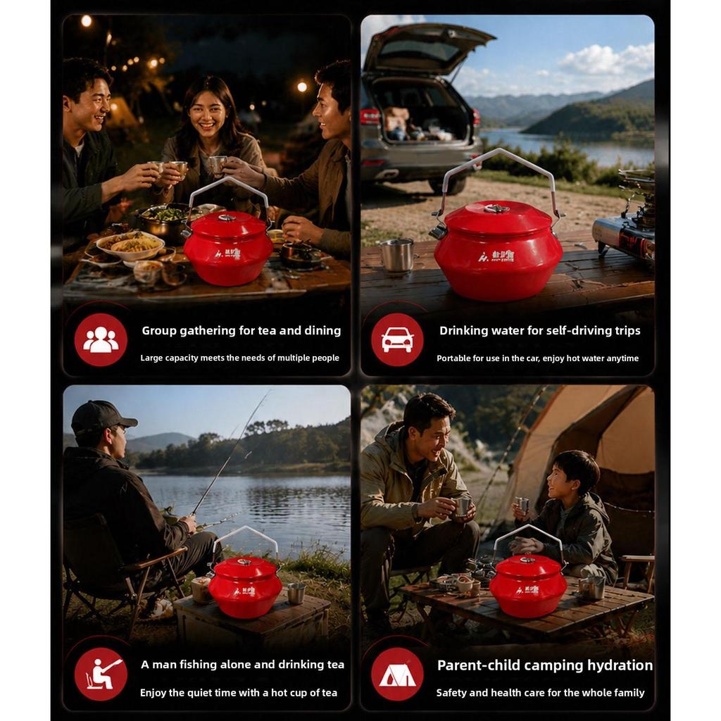 Camping Kettle 304 Stainless Steel Outdoor Coffee Tea Pot with Thick Silicone Handle Red Enamel Coating Fast Heating Portable Water Boiler for Hiking