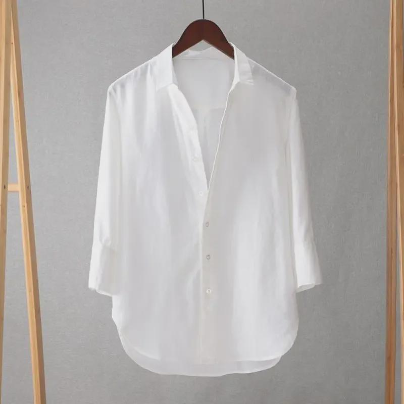 Pánská košile s krátkým rukávem z ledového hedvábí - Letní volný střih, prodyšná, jednobarevná bílá