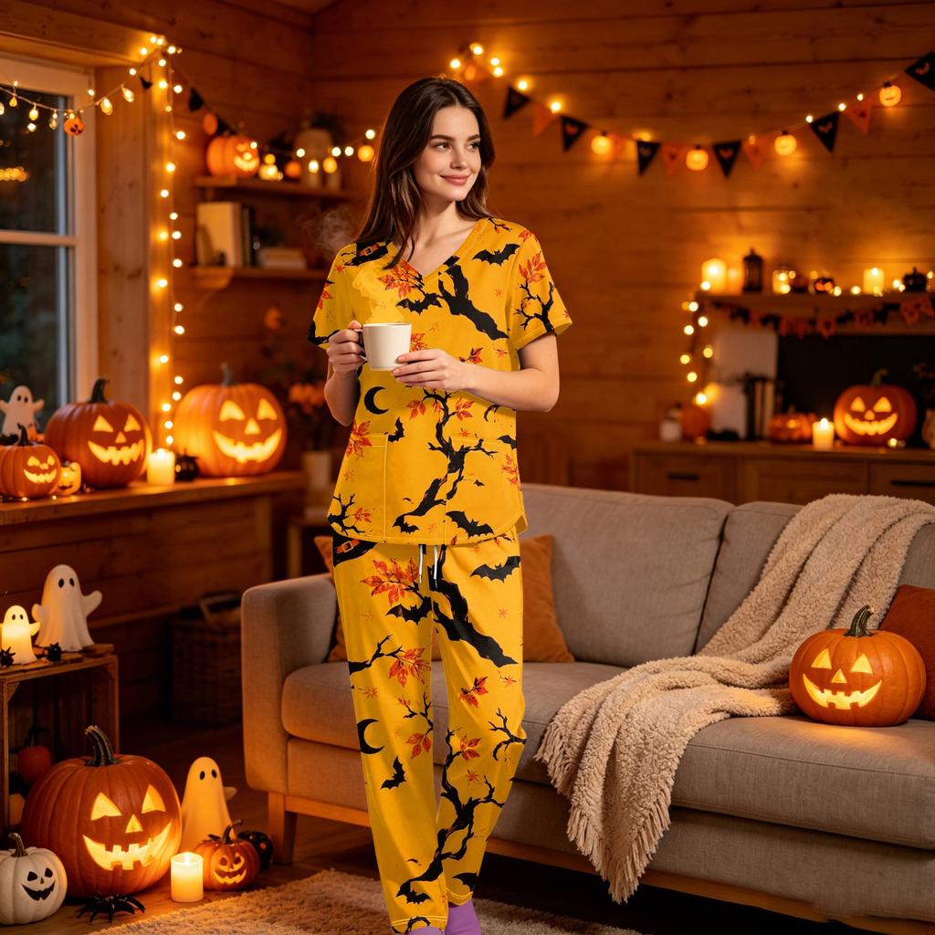 Women's V-Neck Short Sleeve Scrub Top and Pants Set with Pockets, Halloween Print Uniform 2-Piece Set