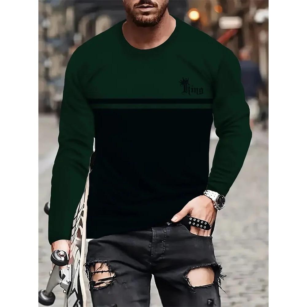 Spring and Autumn Round Neck 3D King Pattern Color Block Printed Top Fashionable Casual Long Sleeved Men's T-shirts